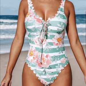 Floral And Striped Scalloped One Piece Swimsuit.